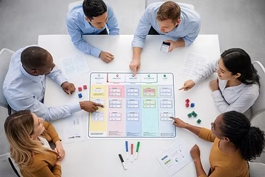 A team of five playing the Play2Learn Kanban board game around a table