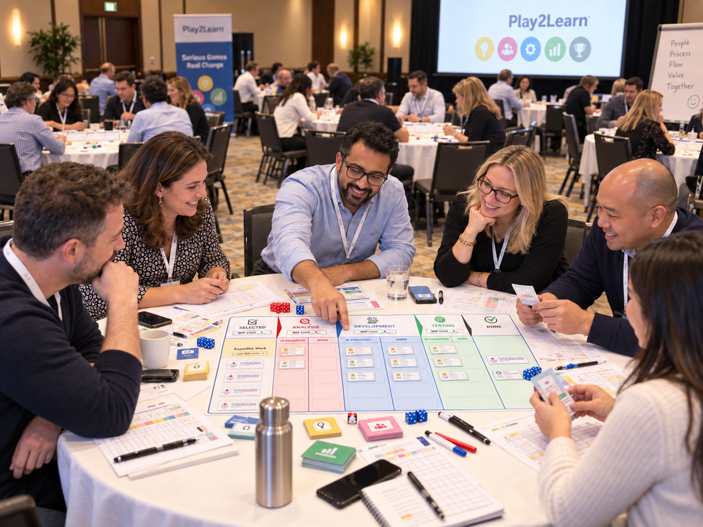 Team collaborating around the Play2Learn Kanban board game